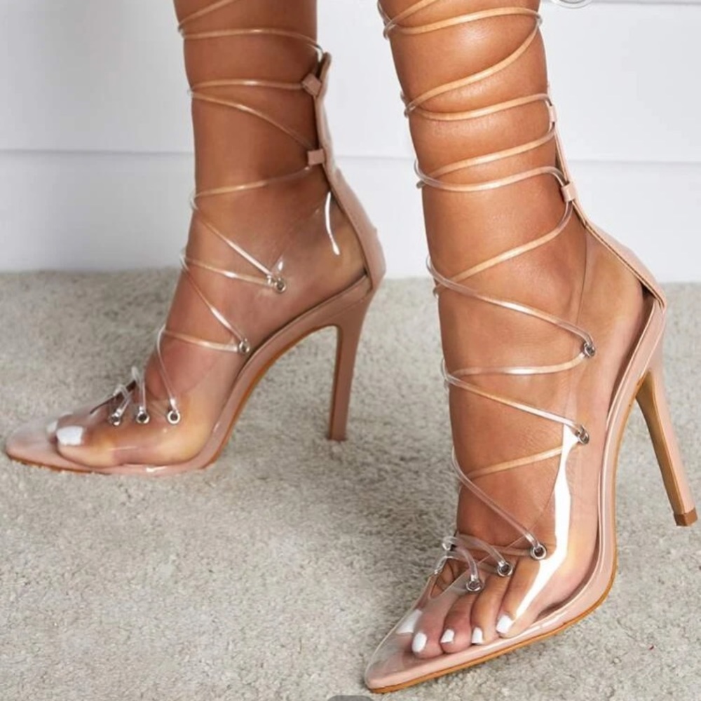 Clear lace up stilettos